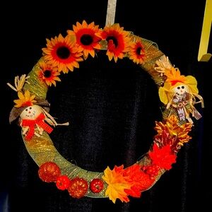 Festive Autumn Wreath with Sunflowers and Scarecrows